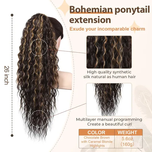 Miniatura 2 de FLUFYMOOZ Extensión de cola de caballo, 26 pulgadas, estilo bohemio, con cordón, extensiones de cabello para mujer, cola de caballo larga y rizada