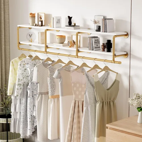 ORSENIGO - Perchero Industrial de Tubo con Estantes, Perchero de Ropa Dorado Montado en Pared para Hogar y Venta Minorista