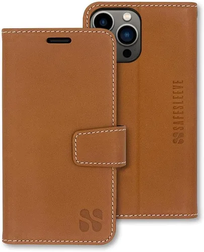 Miniatura 78 de SafeSleeve Funda de piel tipo cartera desmontable para iPhone 14 con bloqueador EMF para teléfono celular con 3 tarjeteros y soporte ajustable