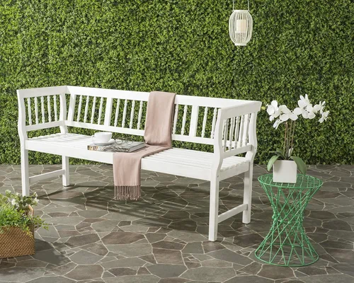 Miniatura 2 de SAFAVIEH Colección de muebles de patio al aire libre - Banco de madera de acacia envejecida blanca antigua con detalles plateados, asientos clásicos