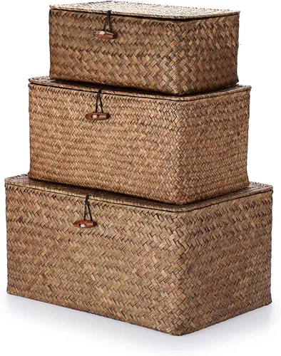 Hipiwe Juego de 3 cestas de almacenamiento de pastos marinos naturales con tapa, grandes cubos de almacenamiento de mimbre tejidos a mano, cajas