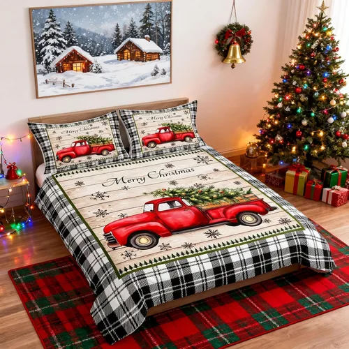 Miniatura 44 de Juego de funda de edredón para niños con diseño de Navidad, tamaño individual, camiones rojos y árboles de pino con copos de nieve, decoración