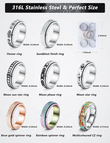 Miniatura 2 de CASSIECA Anillos giratorios de acero inoxidable para mujeres y hombres anillos giratorios de flores luna estrella anillos de ansiedad frescos
