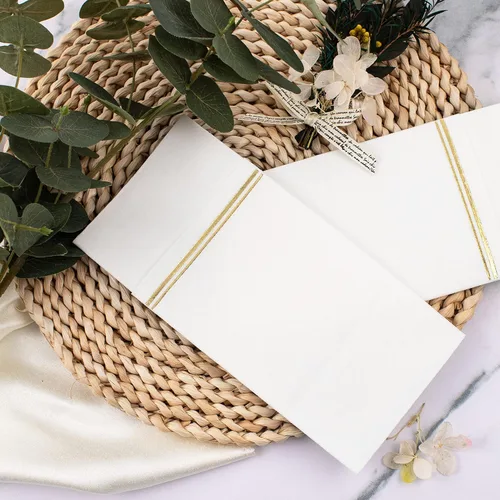 Miniatura 5 de Nervure 100 servilletas de papel doradas con bolsillo integrado para cubiertos - Servilletas desechables preplegadas blancas y doradas tipo tela