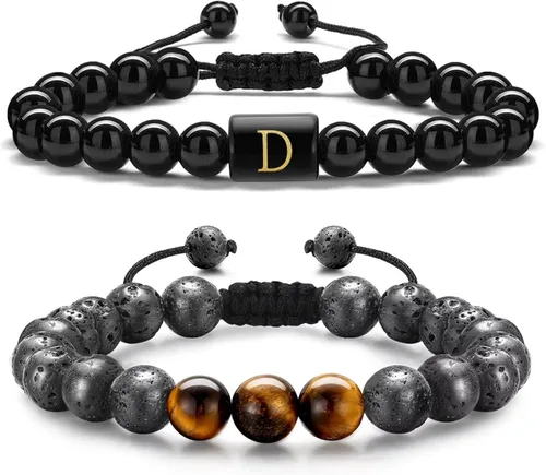 STORUP Pulseras de cuentas con iniciales para hombre, piedra de lava de ojo de tigre de 0.315in, hechas a mano con letras de obsidiana, pulseras
