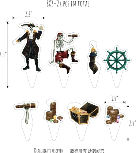 Miniatura 2 de Cheerland 24 piezas de decoración de esqueletos piratas para magdalenas, Halloween, caribeño, pirata, decoración de tartas, calavera, esqueleto