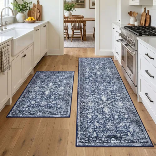 Miniatura 93 de KILOCOCO Alfombra lavable de 2 x 3 para entrada, estampado floral vintage, suave, antideslizante, azul, alfombras de cocina, tapete