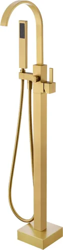 Grifo de Bañera Independiente de Montaje en Piso Llenador de Bañera Latón Dorado Cepillado Grifos de Baño Mango Único con Ducha de Mano Oro cepillado