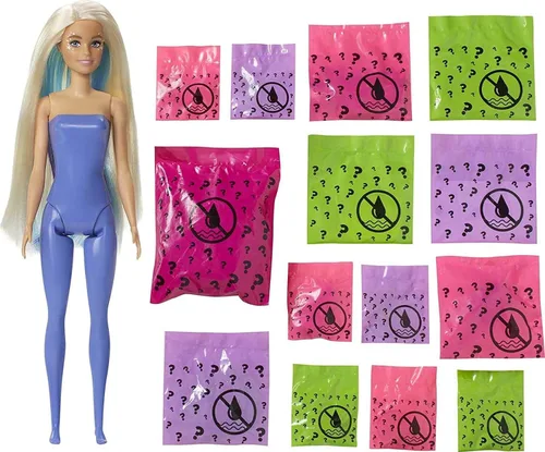 Barbie Color Reveal - Juego de muñecas Peel con 25 sorpresas, incluyendo muñeca y mascota azules y 16 bolsas misteriosas con ropa y accesorios para