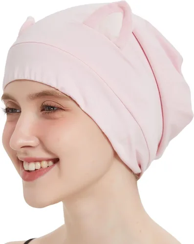 Miniatura 9 de Hat Hut Gorro de satén de seda para el cabello, gorro de dormir para cabello rizado, gorro ajustable con forro de seda con orejas