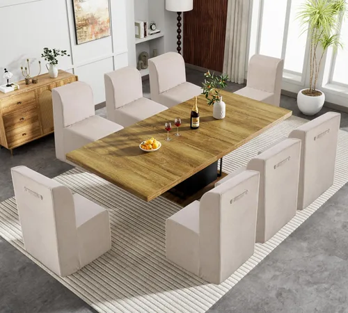 Juego de mesa de comedor extensible marrón de 9 piezas para 8, 63 a 78.74 pulgadas, juego de mesa de cocina y comedor, mesa de comedor extensible