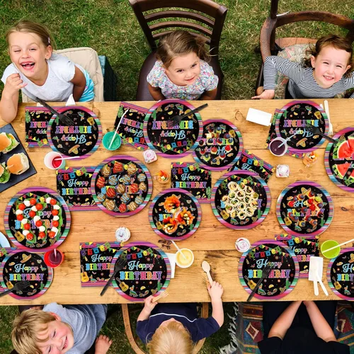 Miniatura 6 de Tevxj Juego de vajilla de 96 piezas para fiesta mexicana de feliz cumpleaños, platos de postre desechables, platos de fiesta, servilletas, tenedores