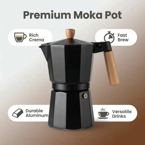 Miniatura 5 de Cafetera italiana de aluminio Moka Pot Espresso (3 tazas) (6 tazas) (9 tazas) (Beige+madera, 3 tazas de espresso)