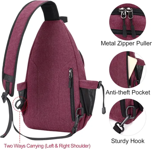 Miniatura 5 de MOSISO Mochila tipo bandolera, mochila de lona para senderismo con bolsillo antirrobo Rojo vino