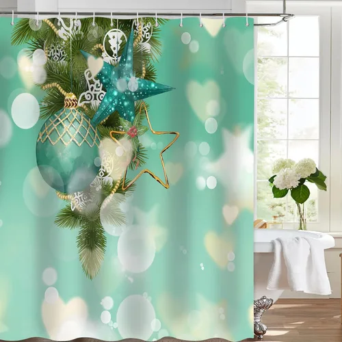 Miniatura 3 de Cortina de ducha de Feliz Navidad para baño, Nochebuena, Año Nuevo, arte bokeh verde, juego de cortina de ducha moderna de Navidad, cortina de ducha