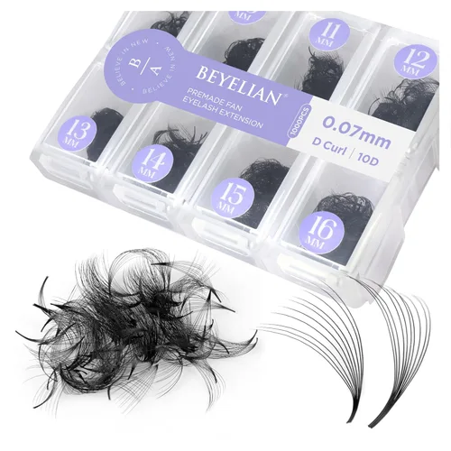 BEYELIAN Extensiones de pestañas rizadas 10D de 0.003 in, abanicos prefabricados, abanicos sueltos hechos a mano, mezcla de 0.07 a 0.63 pulgadas