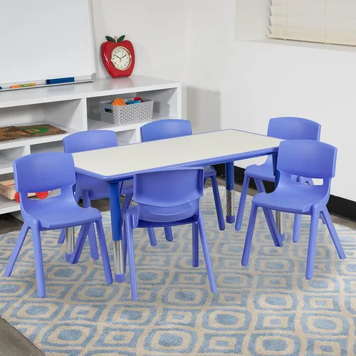Miniatura 2 de Conjunto Flash Furniture de mesa resctangular y 6 sillas apilables, de plástico, con 6 sillas apilables para escuela, Acero, Azul