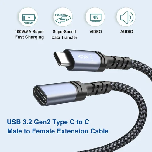 Miniatura 3 de OKRAY - Cable de extensión USB C de 3.3 pies USB 3.2 tipo C macho a hembra, carga rápida de 100 vatios/transferencia de datos de 10 Gbps/4K a 60 Hz