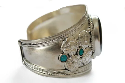 Miniatura 5 de Pulsera ajustable de acero inoxidable chapado en argencio de ónix negro Joyería bohemia de Nepal, Piedra, Ónix