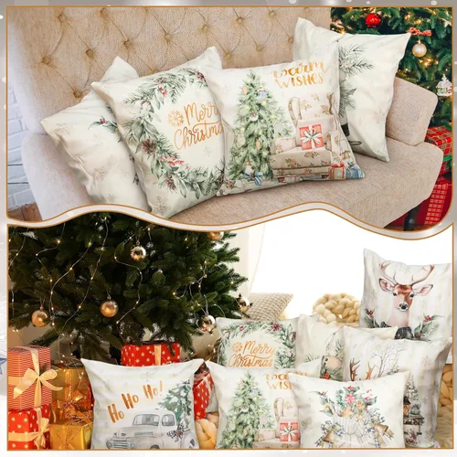 Miniatura 5 de Ganeen Juego de 12 fundas de almohada navideñas de 18 x 18 pulgadas, decoración de acuarela, muñeco de nieve, ciervo, guantes, patines, camiones