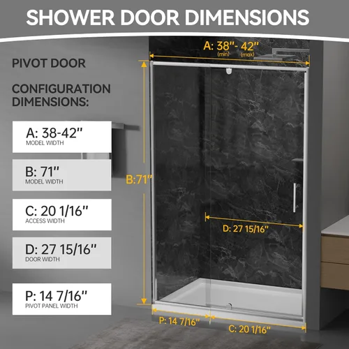 Miniatura 3 de Findepot Puerta de ducha pivotante de vidrio de 38-42" x 71" con vidrio transparente de 1/4" (6mm), puerta de ducha pivotante con acabado de níquel