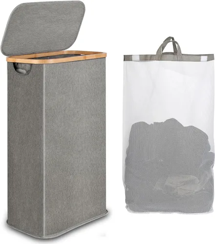 Miniatura 18 de iEGrow Cesta de lavandería delgada de 65L, cesta de lavandería estrecha con tapa, cesta de ropa plegable con asas de bambú, cesta de lavandería