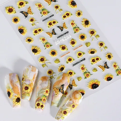 Miniatura 5 de 4 hojas de calcomanías de girasoles para uñas, calcomanías 5D en relieve de flores de sol de verano, calcomanías de uñas grabadas con flores