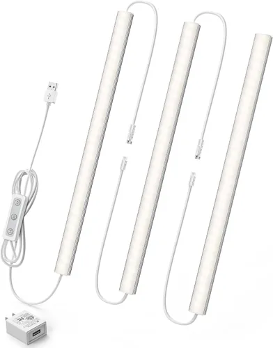 Iluminación debajo del gabinete enchufable, luces debajo del mostrador regulables para cocina, 3 piezas de 12 pulgadas, tira de luz LED USB blanco