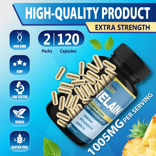 Miniatura 8 de Organic Cadane 2 paquetes de 60 cápsulas de suplemento de bromelina, con quercetina, saúco, jengibre, equinácea, ajo, pimienta negra, suministro