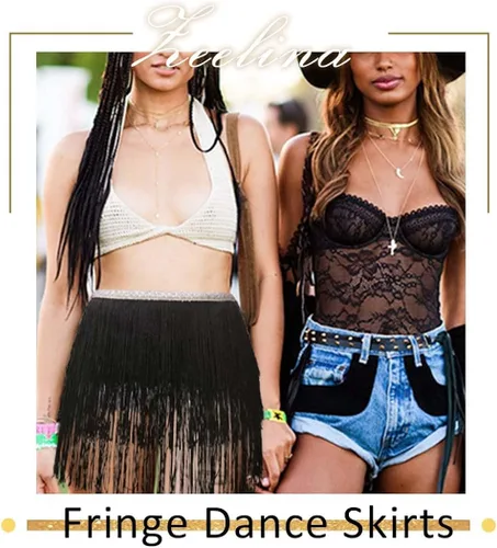 Miniatura 4 de Zeelina Faldas de baile con flecos, falda de lentejuelas, falda envolvente con borlas brillantes, disfraz de fiesta rave para festival para mujer