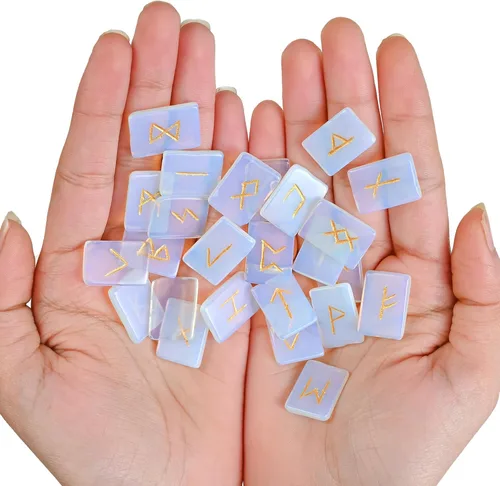Miniatura 24 de Crocon Juego de piedras de runa oplaita con alfabeto Futhark de élder, símbolo grabado para generador de energía, equilibrio de chakras, protección