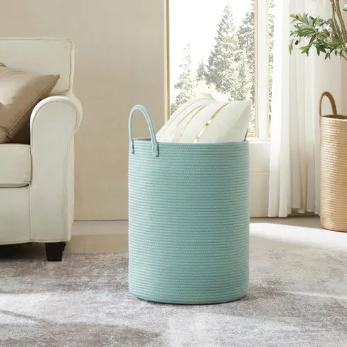 Miniatura 6 de 38x51 cm de alto cesta de lavandería de cuerda de algodón verde, cesta tejida para ropa y cobijas, almacenamiento en dormitorio, sala de estar