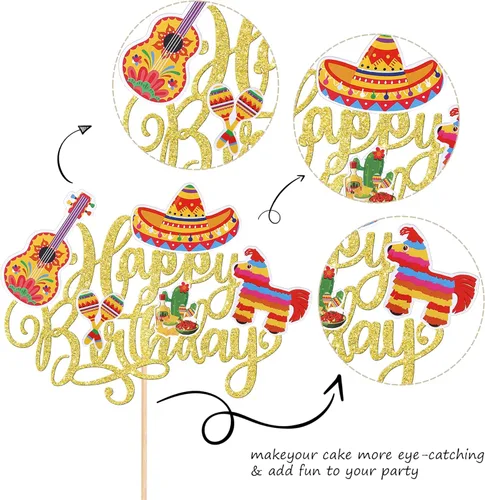 Miniatura 3 de 1 paquete de decoración de pastel de fiesta de cumpleaños para guitarra, cactus y burro, palillos de pimienta para fiesta mexicana, baby shower, 2