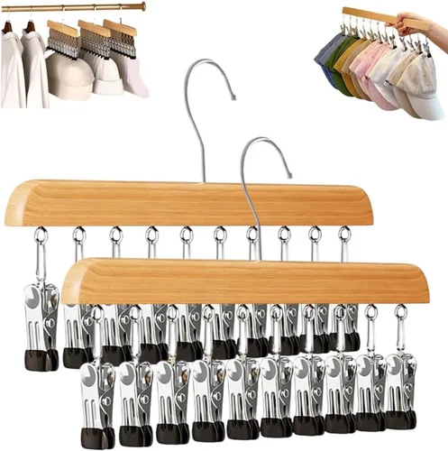 Miniatura 11 de Organizador de armario con 10 clips, organizador colgante de armario ajustable de madera para armario, colgador de pantalones de acero inoxidable