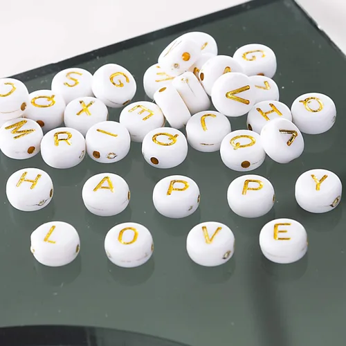Miniatura 7 de 500 pulseras acrílicas de letras del alfabeto, oro sobre blanco, para hacer joyas (dorado y blanco) (dorado)