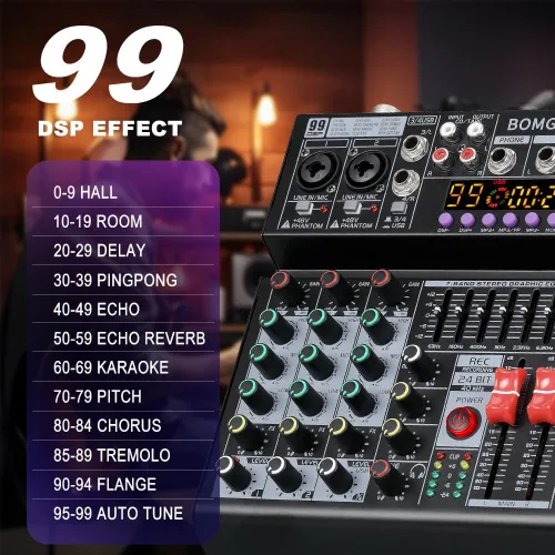 Miniatura 6 de BOMGE Mezclador de audio 04A, consola de mezcla de tablero de sonido profesional con USB/Bluetooth/Computadora/Mezclador de DJ de entrada estéreo