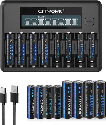 CITYORK Baterías recargables con cargador, paquete de 8 pilas AA 3000mAh y 8 unidades AAA1100mAh Ni-MH con cargador inteligente LCD de 8 bahías para