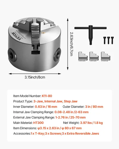 Miniatura 7 de VEVOR - Portabrocas para torno de 3 mandíbulas, 7,62 cm (80 mm), Portabrocas autocentrante, Rango de sujeción de 2-63 mm (0,08-2,48 pulgadas)