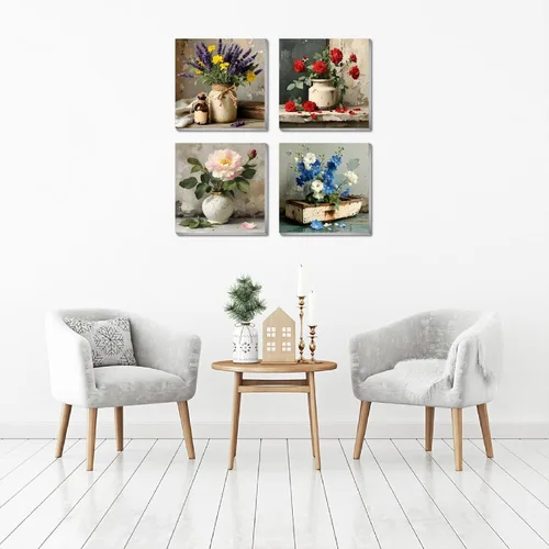 Miniatura 6 de FQOVKYN Paquete de 4 marcos con flores para pintar por números para adultos, kit DIY de artista para pintar por números de jarrón en lienzo, kit