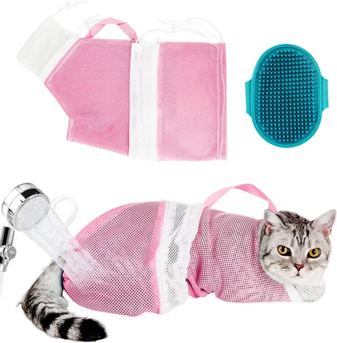 Miniatura 11 de Juego de baño para gatos, 8 piezas, red de ducha para gatos, bozal de malla, cepillo ajustable, cortaúñas, removedor de garrapatas, restricción