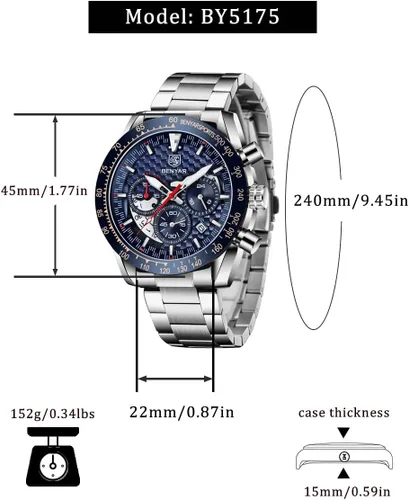 Miniatura 6 de BENYAR Fashion Men's Quartz Chronograph Waterproof Silicone Watches Business Casual Sport Design Wrist Watch for Men Perfect for Father Son Black