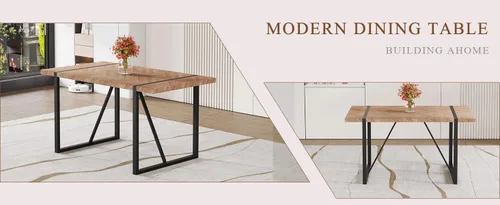 Miniatura 9 de Una mesa de comedor rectangular retro minimalista con una parte superior especialmente texturizada y patas de metal negro. Mesa de madera