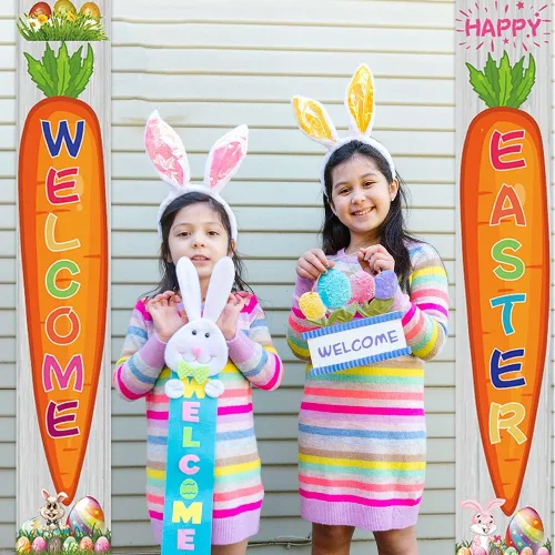 Miniatura 6 de 2 pancartas de tela para puerta de Pascua, huevos de Pascua, zanahoria, conejo, conejo, puerta colgante, porche, bandera colgante de bienvenida