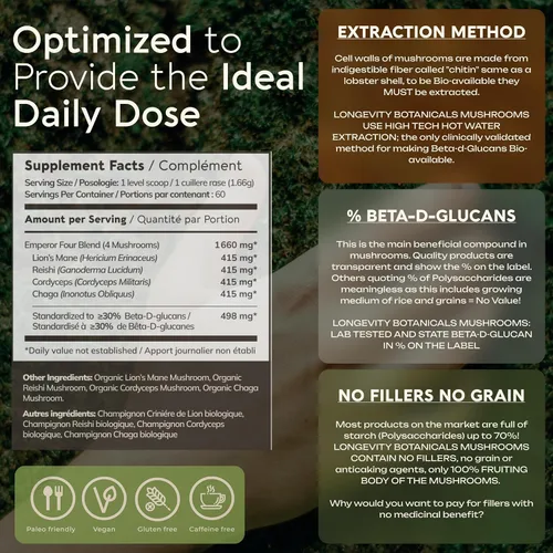Miniatura 8 de Organic Emperor 4 - Extracto de suplemento en polvo de mezcla de hongos 3.53 oz Melena de león, Reishi, Cordyceps, cola de pavo Cuerpo