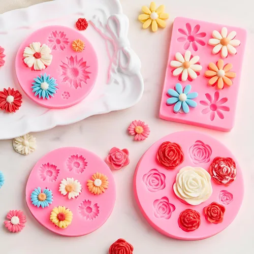 Miniatura 5 de Puyeipt 4 piezas de moldes de silicona para fondant con forma de flores, moldes de chocolate y caramelo con forma de margarita y rosa para la parte