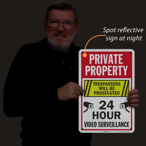 Miniatura 8 de SmartSign Letrero metálico de 18 x 12 pulgadas con texto en inglés "Private Property - Trespassers Will Be Prosecuted", video vigilancia las 24