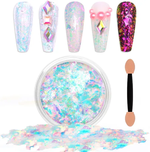 Miniatura 10 de Laza Copos de Camaleón Azul Verde para Uñas, Láminas de Uñas de Ópalo Irregulares, Láminas de Uñas de Confeti Gruesas, Lentejuelas de Cambio