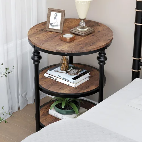 Miniatura 5 de IDEALHOUSE Mesa auxiliar pequeña, mesa auxiliar redonda con 3 estantes para sala de estar, dormitorio, mesita de noche, mesa auxiliar con marco