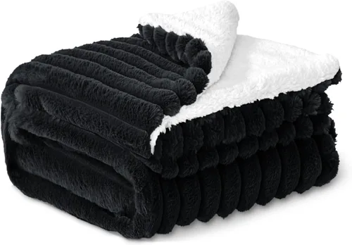 Miniatura 8 de INFIIXSO Manta Sherpa para sofá, manta de forro polar a rayas súper suave y cálida, acogedora manta de felpa mullida para uso durante todas las Negro