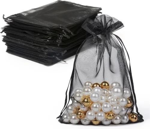 ENNIYU Bolsas de malla de organza de alta calidad, bolsas de regalo de joyería (4 x 6, 100 unidades) con cordón, color negro, para fiestas,